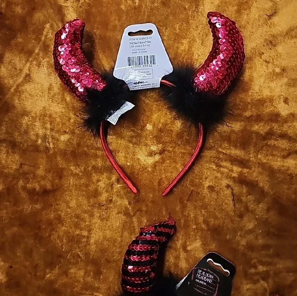 3pc Sequin Devil Horn Headband - Red & Black
